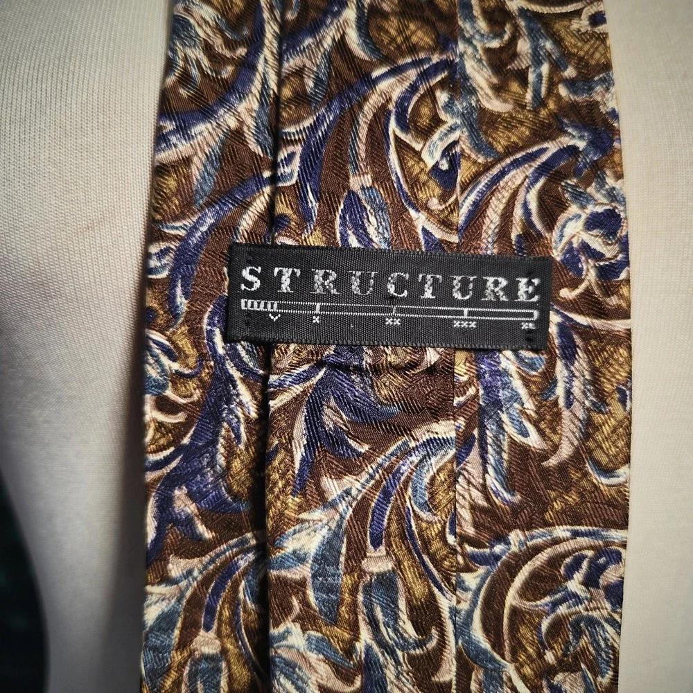 Structure Silk Tie Vintage 90s Mens Brown Blue Gold Floral Paisley Made in USA